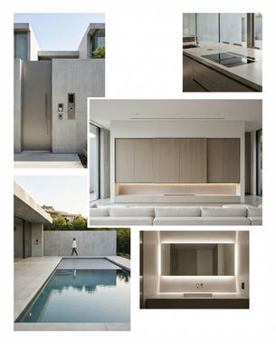 Colagem de casa moderna minimalista: fachada, piscina, cozinha, sala e banheiro em tons cinza e bege, com um homem ao fundo.