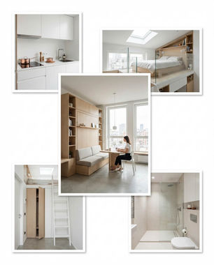 Colagem de interior minimalista: cozinha, quarto, sala, banheiro e armário; mulher sentada à mesa num ambiente claro.