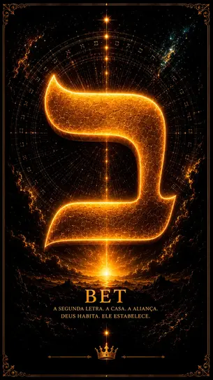 Símbolo dourado brilhante de Bet sobre fundo cósmico preto, com moldura decorativa e texto BET e frase religiosa.