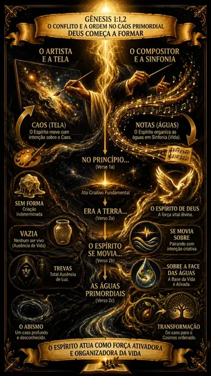 Pôster dourado de Gênesis 1:1-2: figura divina forma caos em luz, notas musicais e águas; fundo negro com textos bíblicos.