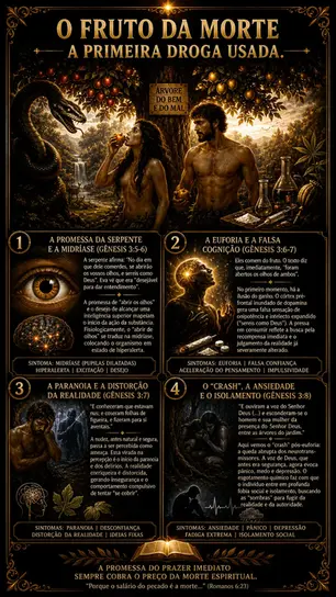 O FRUTO DA MORTE: pôster dourado com serpente, Adão e Eva no Éden, árvore do bem e do mal e textos sobre efeitos da droga.
