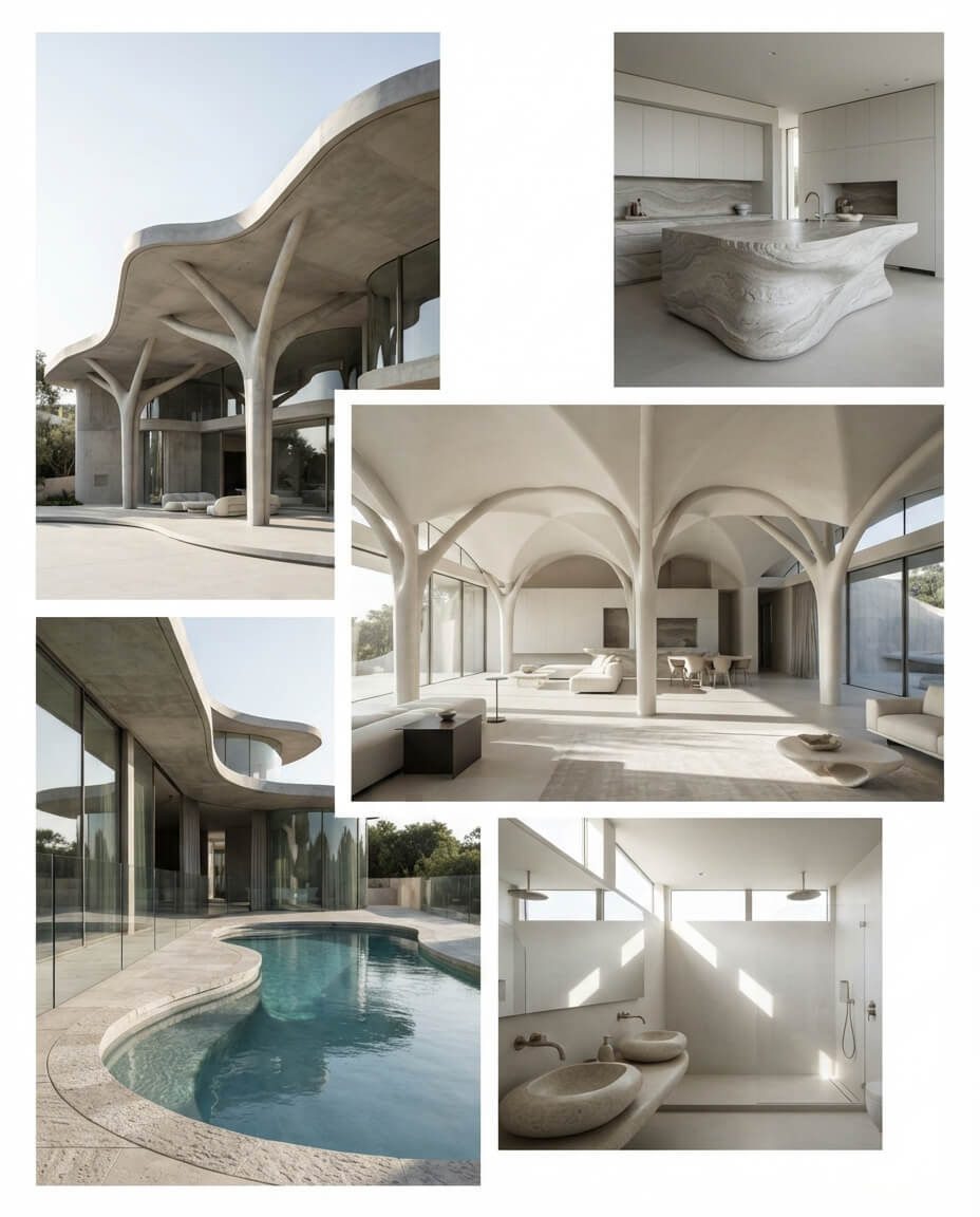 Colagem de casa moderna orgânica, com concreto curvo, interiores claros, piscina azul e banheiro minimalista.