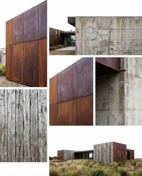 Colagem de casa moderna em dunas, com concreto bruto, painéis de metal enferrujado e madeira envelhecida.