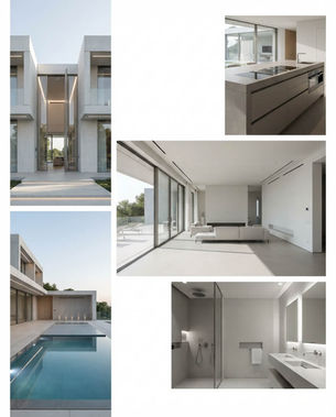 Colagem de casa moderna minimalista: fachada, cozinha, sala, banheiro e piscina, em tons claros e amplos.