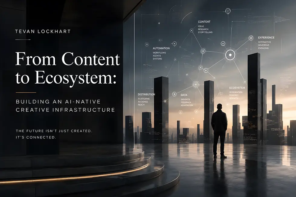 Futuristic cityscape at dawn with a person looking at an network of connected nodes labeled content, automation, data, distribution, experience, and ecosystem-symbolizing an ai-native infrastructure.