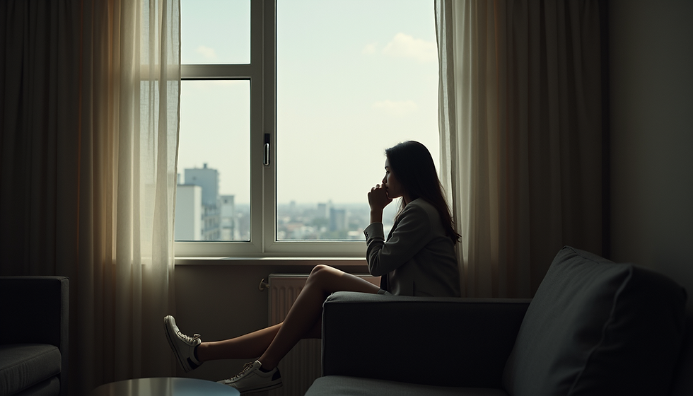 Eye-level view of a person sitting thoughtfully by a window