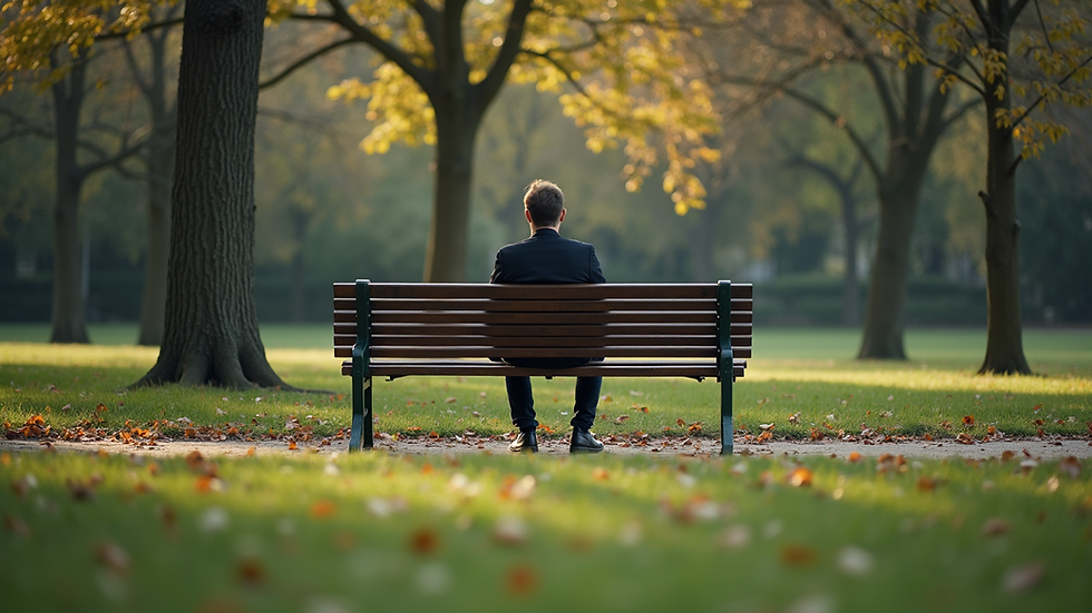 eye-level view of a person sitting alone on a bench in a park