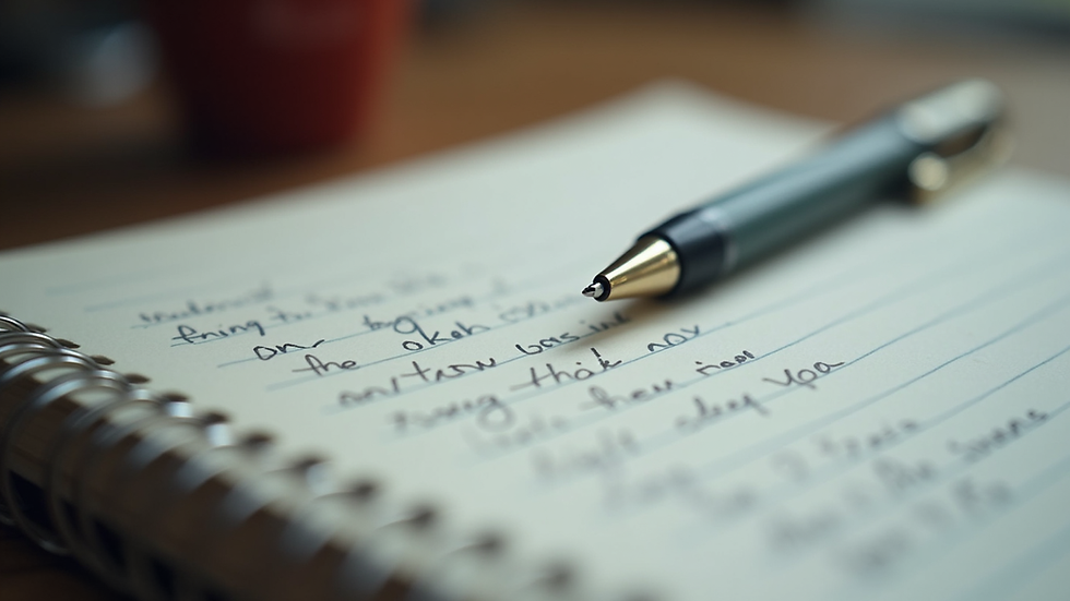 close-up view of a notebook with handwritten notes and a pen