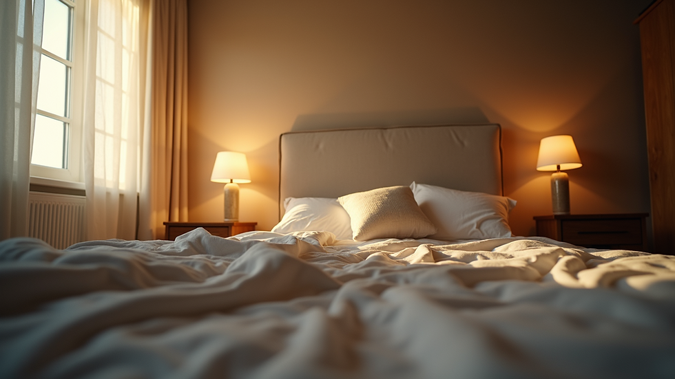 eye-level view of a cozy bedroom with soft lighting and a comfortable bed