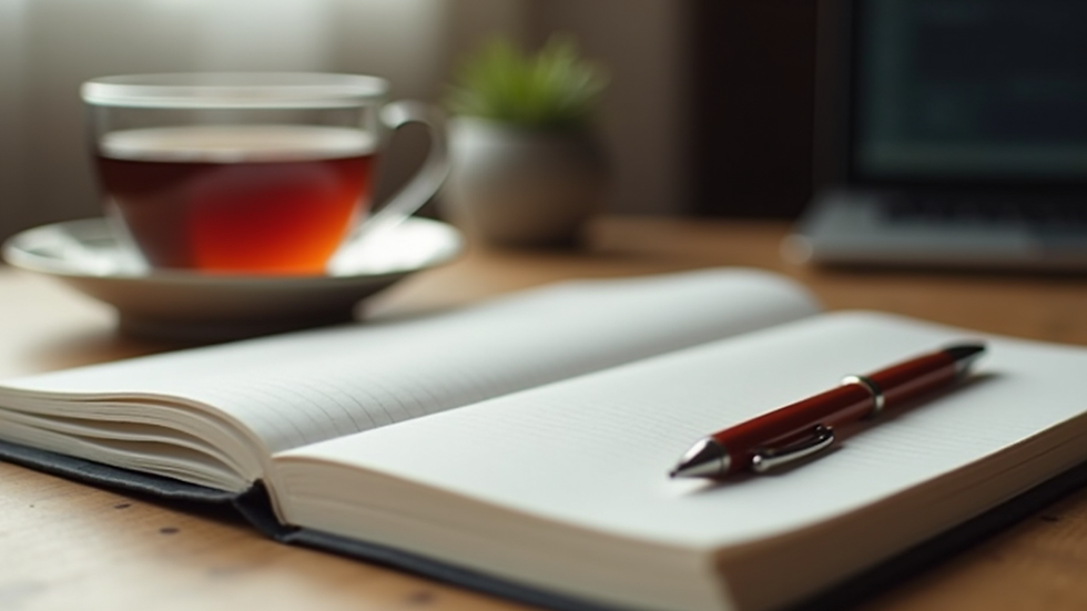 Eye-level view of a notebook with a pen and a cup of tea on a wooden table