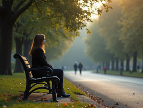 eye-level view of a person sitting alone on a bench in a park