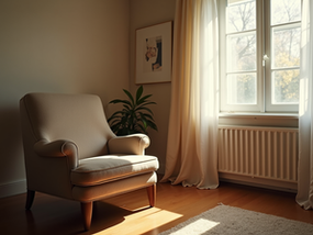 Eye-level view of a cozy room with a comfortable armchair and soft lighting