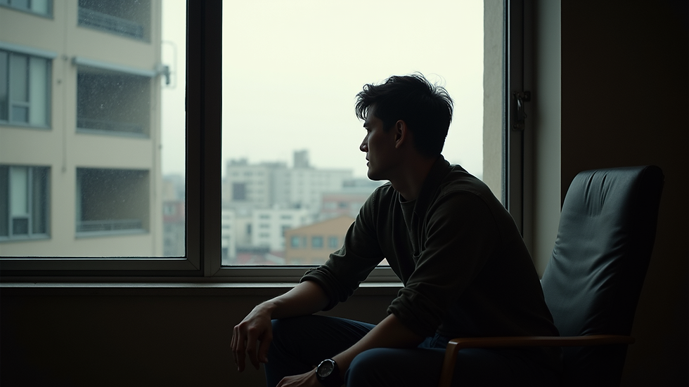 eye-level view of a person sitting thoughtfully by a window
