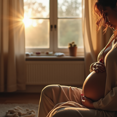 Eye-level view of a pregnant woman sitting calmly in a cozy room