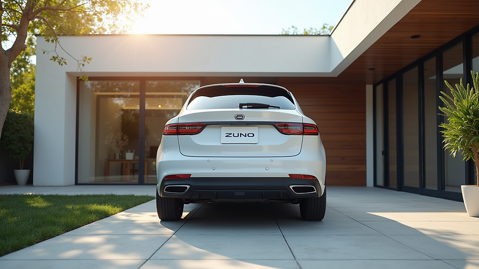 Eye-level view of a clean car parked outside a modern home