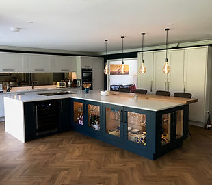Dark blue island under three pendant lights, Pennymead Rise