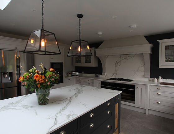 Dark in-frame kitchen with a marble-effect island and glass pendant lights, The Mount, Fetcham