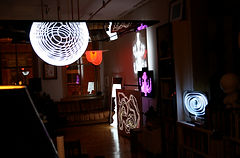 Marcus Tremonto Treluce Studios light sculpture featuring illuminated geometric forms and sculptural lighting. Getty Electroluminescent wie mirro Simon de Pury exhibiton 2007 Phillipsde Pury New York City New York One man Show