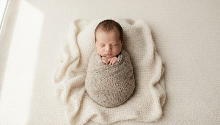 Overhead view of a newborn wrapped in a beige blanket beside simple knit layers