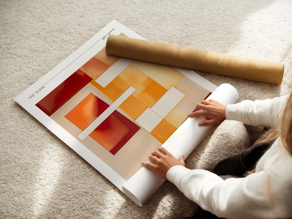 Thumbnail: Geometrische waterverf poster in oranje, geel en wit, geprint op FSC-gecertificeerd mat papier.