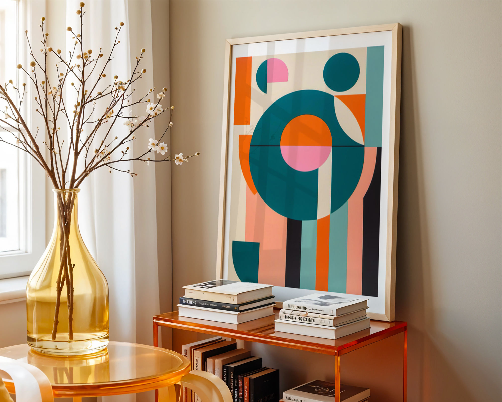 Kleurrijke abstracte poster met dynamische vormen, geprint in levendige kleuren op FSC-gecertificeerd mat papier.