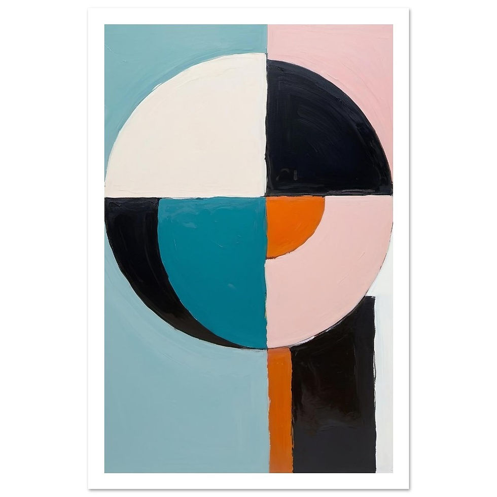 Kleurrijke abstracte poster met dynamische vormen, geprint in levendige kleuren op FSC-gecertificeerd mat papier.