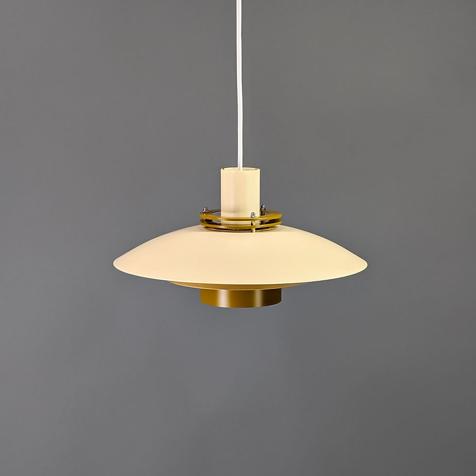 Thumbnail: Vintage retro Deense hanglamp in geel en khaki (Ø 40 cm) met nieuw snoer (1m) en E27 fitting. Retro design
