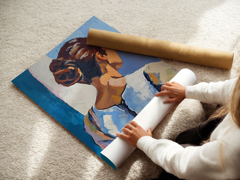 Thumbnail: Poster 'The gaze 01' in zachte blauwe, witte en gele tinten, met matte afwerking op FSC-gecertificeerd papier