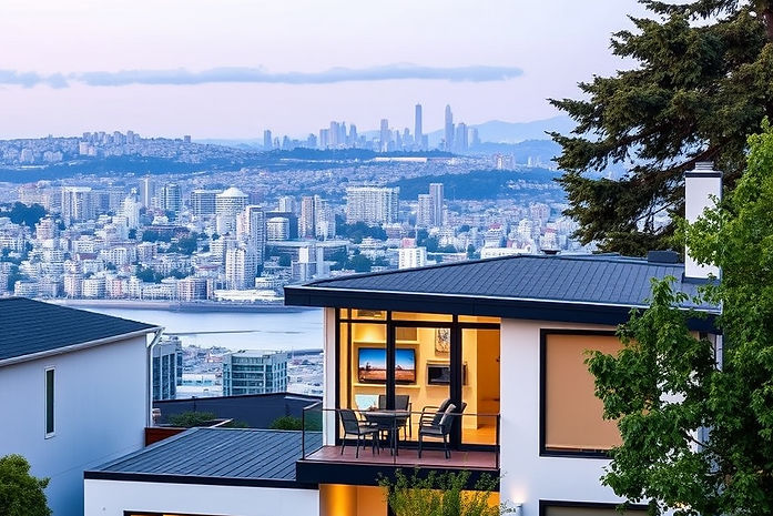 A modern home in the San Francisco Bay Area or a subtle city skyline in the background._ed