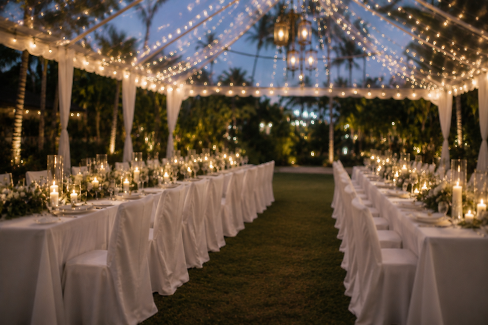 a tropical garden at night is subtly blurred. A white tent with string lights is above 2 banquette tables, each table is covered with white linens and decorated with candles and bouquets. resting on the grass by the tables are a line of chairs covered with white linens.