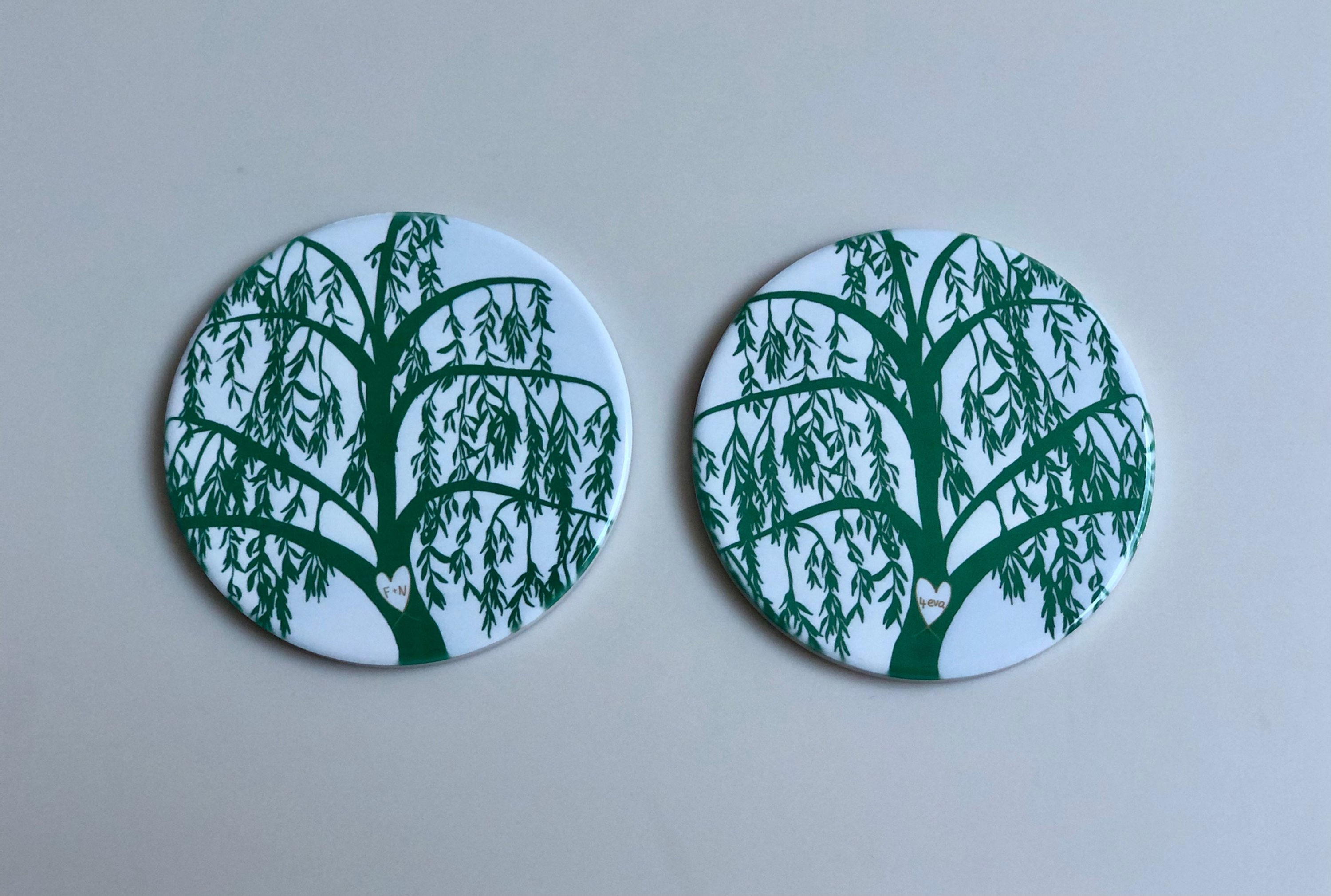 Pair of personalised ceramic circular willow tree coasters