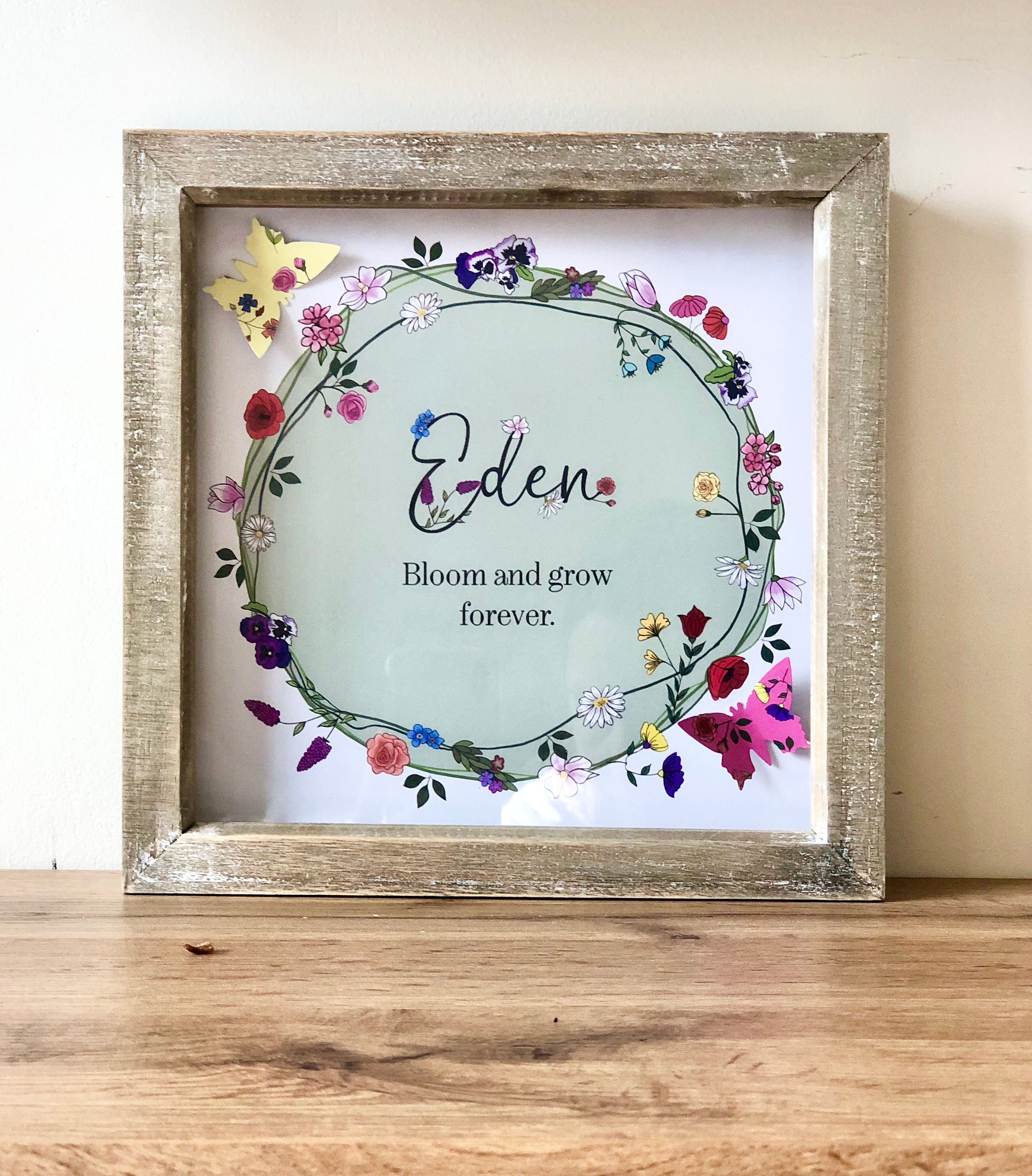 Baby gift - girl's gift - personalised flower and butterfly name print