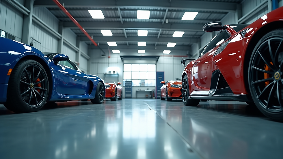 Eye-level view of a modern automotive workshop with organised tools and spacious bays