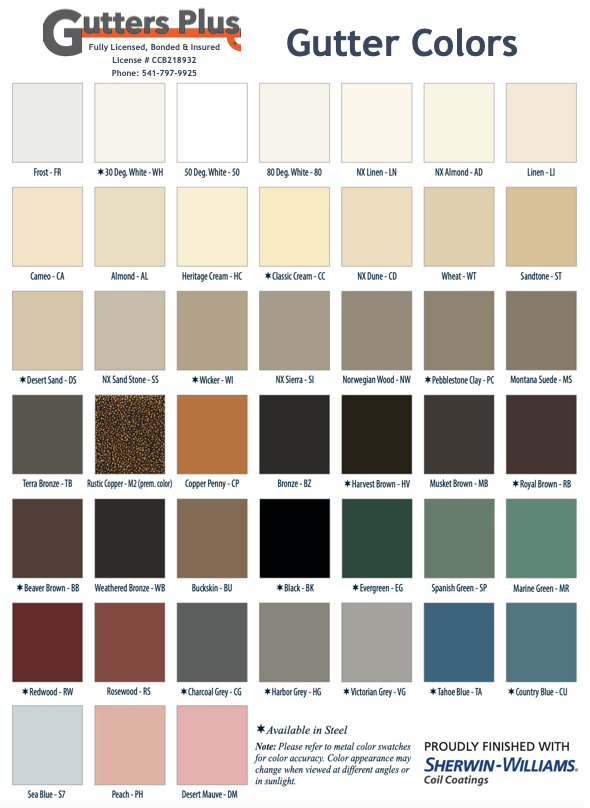 Gutters Plus gutter color chart with more than 40 Sherwin-Williams coil coating colors