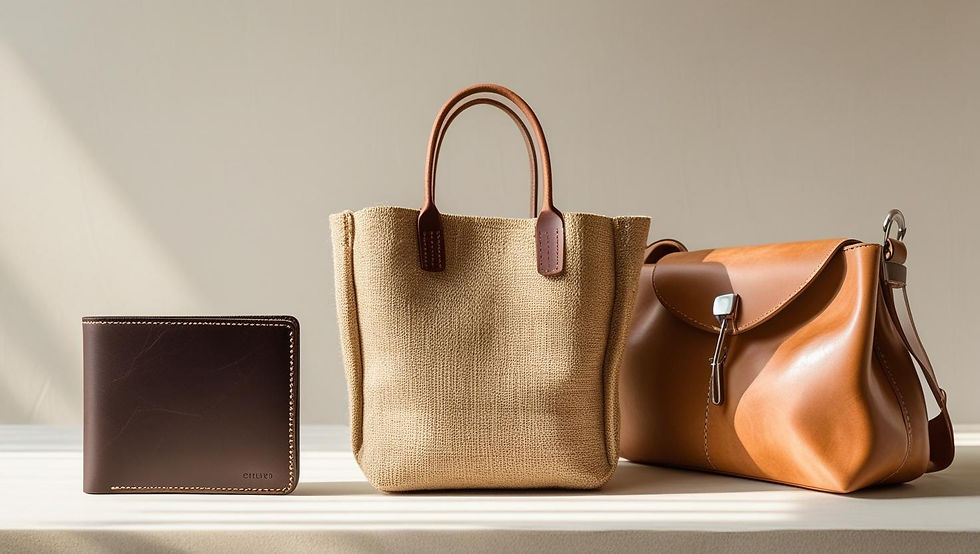 Brown leather wallet, beige woven tote, and tan leather bag on a white surface with soft sunlight and shadows, creating a calm mood.