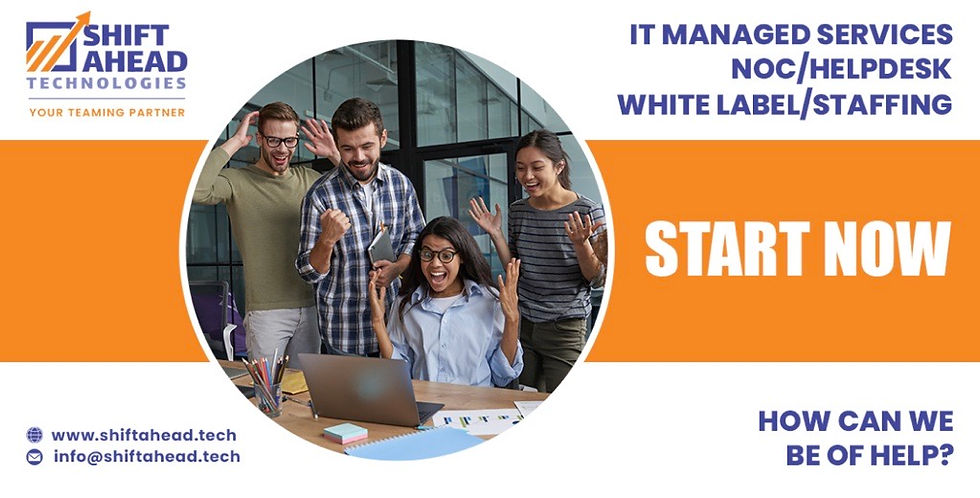 Group celebrating around a laptop in an office. Text: "Shift Ahead Technologies" and "Start Now." Mood is excited and collaborative.