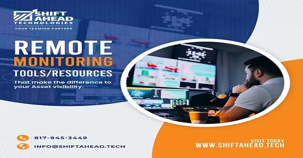 Man monitoring screens in a control room. Blue and orange branding of Shift Ahead Technologies. Contact info and website included.
