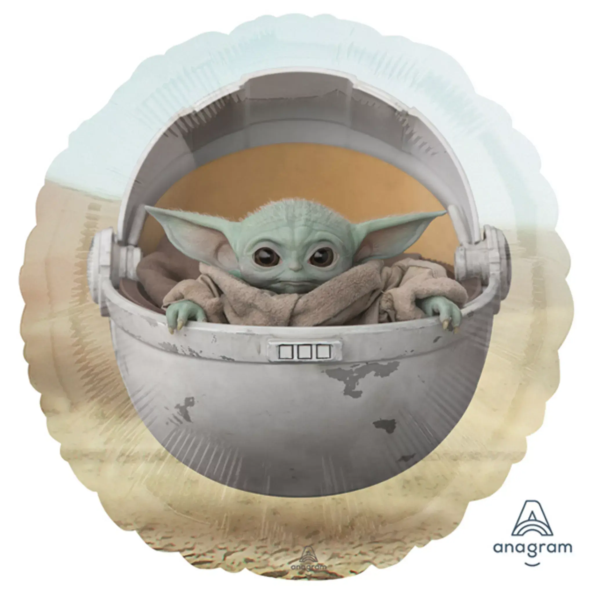 A round foil balloon featuring "The Mandalorian" theme from Star Wars. The design shows Grogu (Baby Yoda) sitting inside his