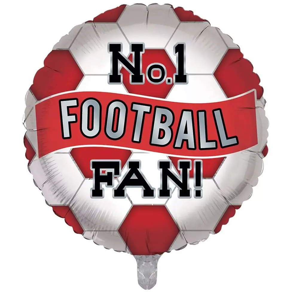 Round foil balloon designed like a football with a red banner across the center, displaying the text 'No.1 Football Fan!