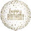 Thumbnail: White round foil balloon with gold confetti and the words “happy BIRTHDAY” in gold letters.