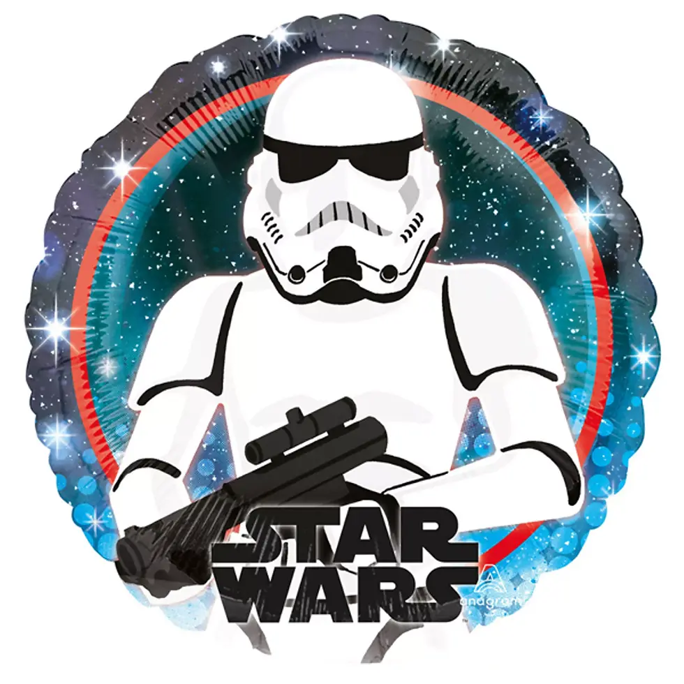 A round foil balloon featuring a Star Wars Stormtrooper holding a blaster. The background is a star-filled galaxy with a red