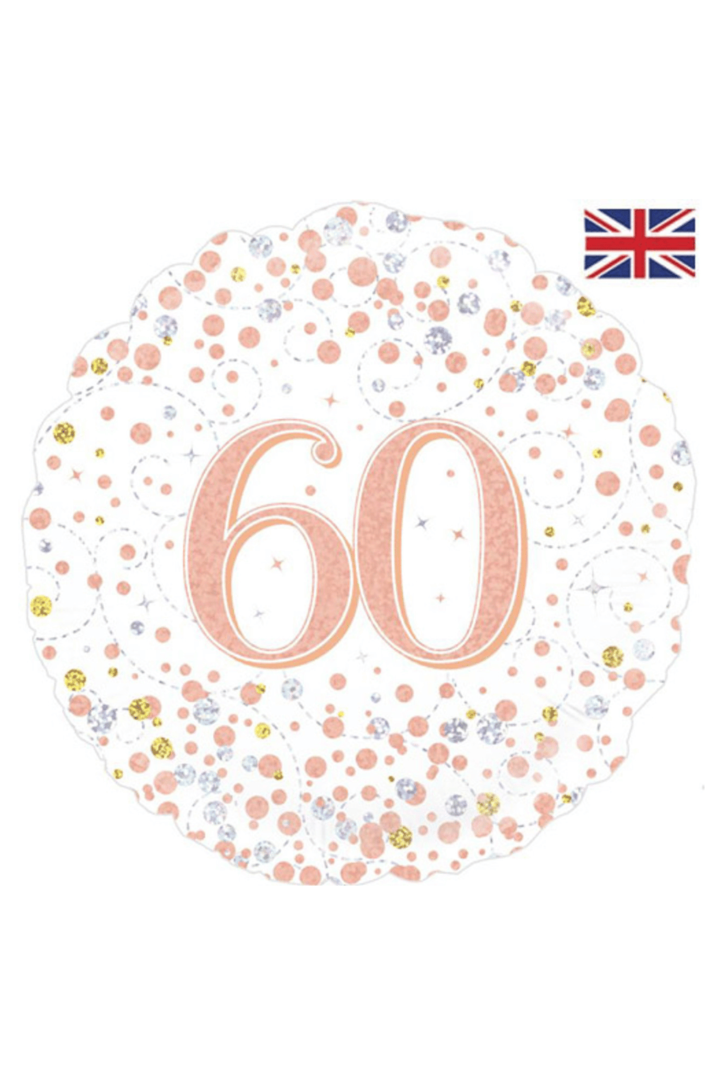 Elegant 60th birthday foil balloon with pink, gold, and silver confetti design.