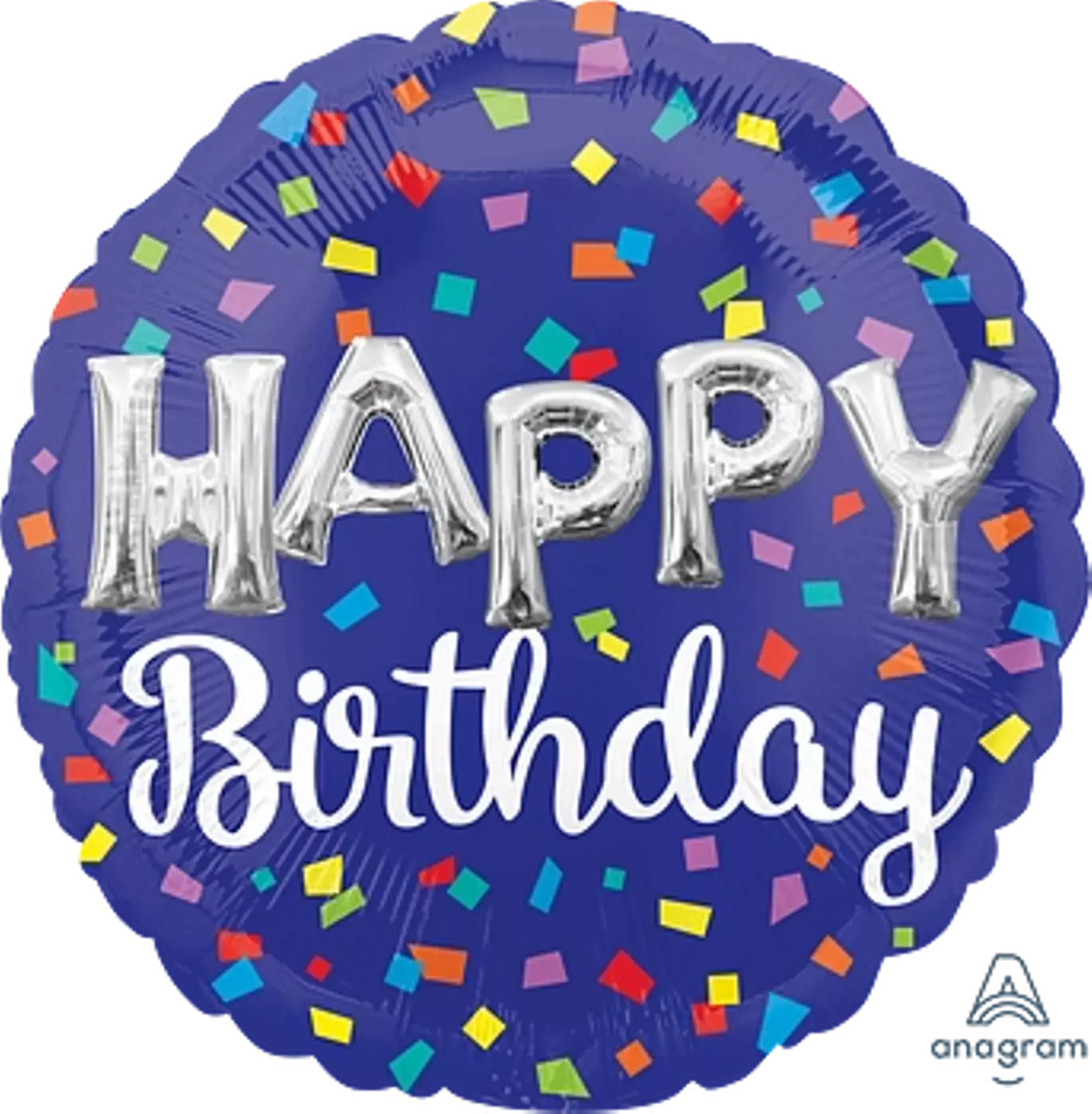 ound blue foil balloon with silver 'HAPPY' and white 'Birthday' text, decorated with colorful confetti."
