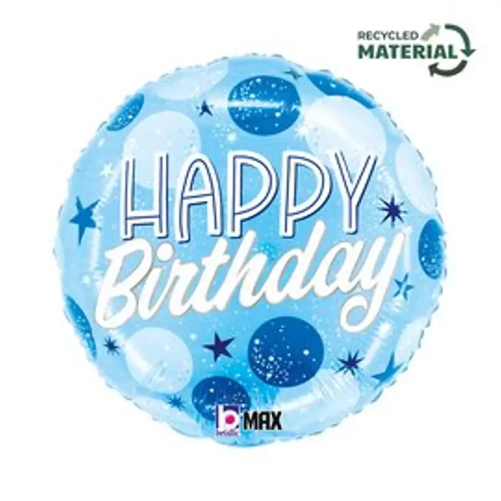 Round blue foil balloon with 'Happy Birthday' text, decorated with stars and circles, and a recycled material symbol in the c