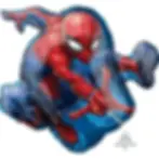 A balloon shaped like Spider-Man in his red and blue suit, depicted swinging forward with one arm extended, shooting webbing.