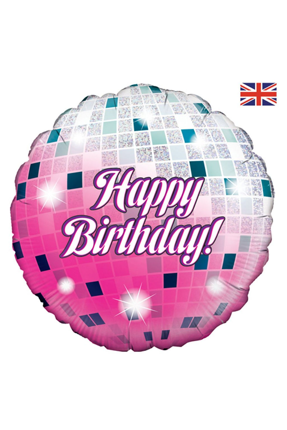 Pink disco ball birthday balloon with "Happy Birthday!" text