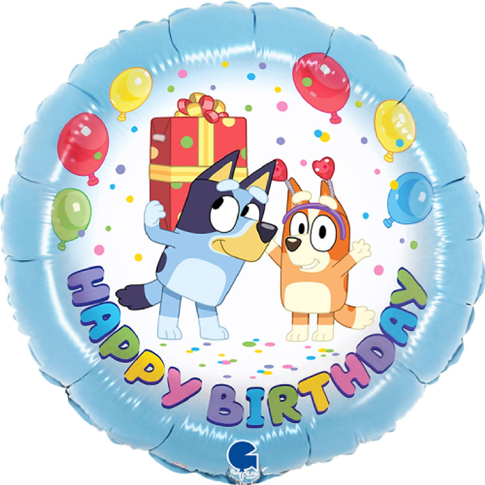 A round foil balloon with a light blue border featuring Bluey and Bingo from the animated series "Bluey." Bluey is holding a