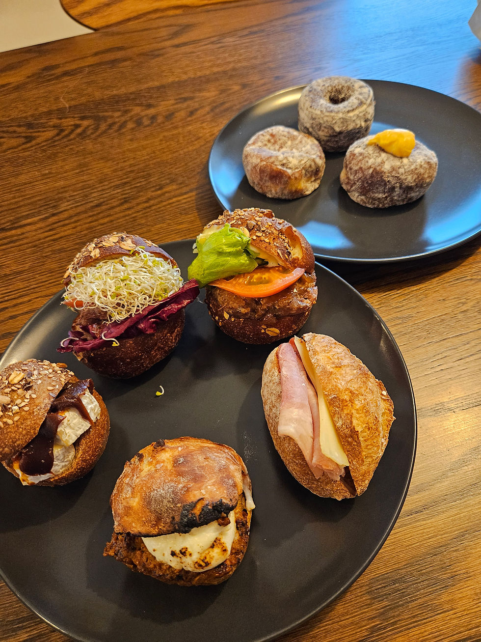 Flavors: caramel and camembert, something with sun-dried tomato and sprouts, burger, ham and cheese, curry and cheese