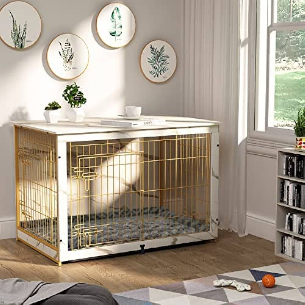 44.5" Wooden Double Door Dog Kennel Furniture End Table w/ Marble & Gold Accents