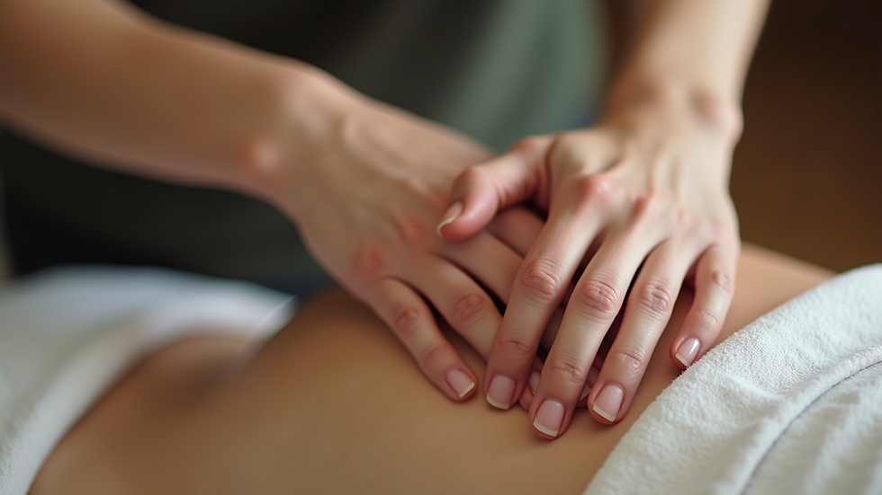 Close-up view of hands performing gentle massage on a shoulder